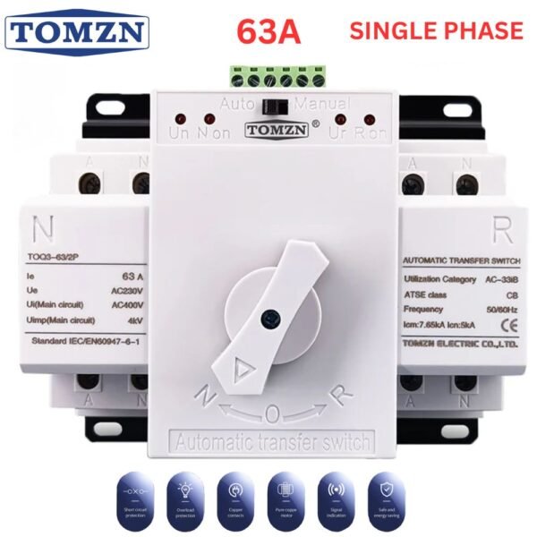 Tomzn 2P Automatic Transfer Switch ATS Changeover 63A/125A - 230V MCB type