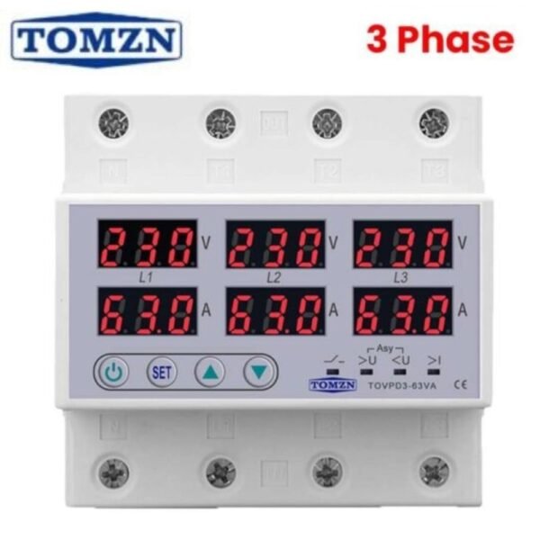 Tomzn TOVPD3-63VA – 3 Phase 4P Adjustable Voltage & Current Protector | Over/Under Voltage, Overcurrent Protection Device
