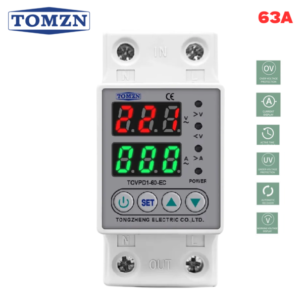 TOMZN Voltage Protector 63A TOVPDI-63-EC Din Rail | Adjustable 230V Over/Under Voltage Protection