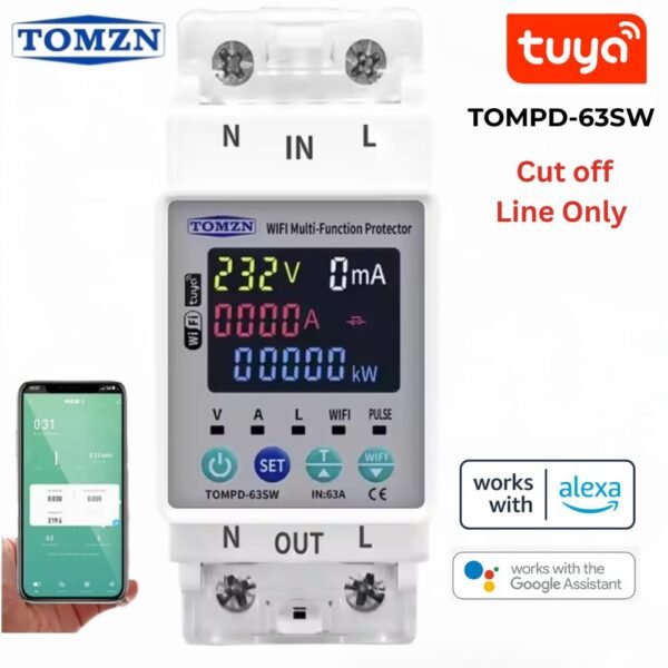 TOMZN WiFi Smart Breaker Multi-Function Protector 63A | Voltage, Current & kWh Monitoring | Load Cut-Off Limit Feature | Tuya & Alexa Compatible
